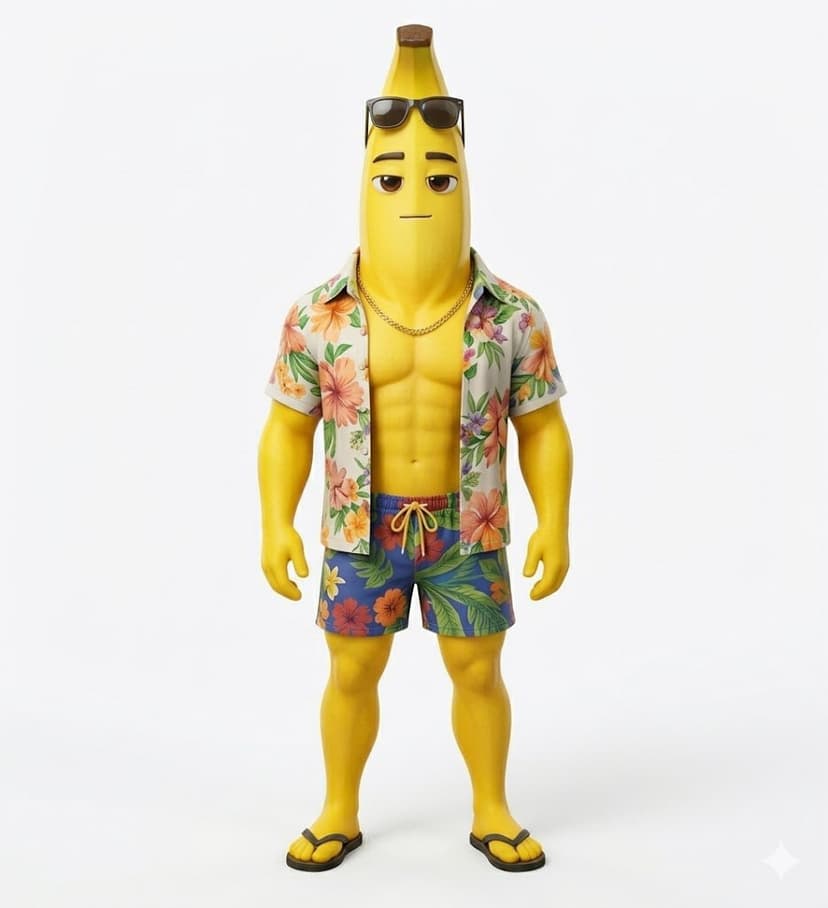 Bananito - Banana character with sunglasses and Hawaiian shirt