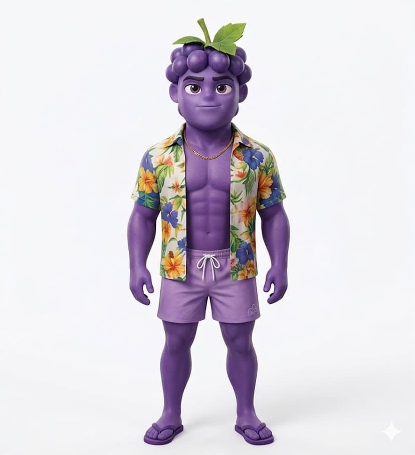 Grapenzo - Grape character in purple Hawaiian shirt