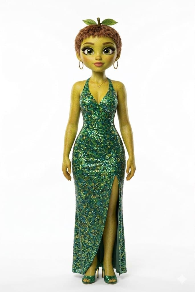 The Host - Show host in green-teal gown with leaves