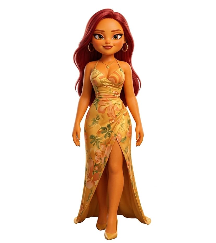 Mangella - Mango character with red hair and floral dress