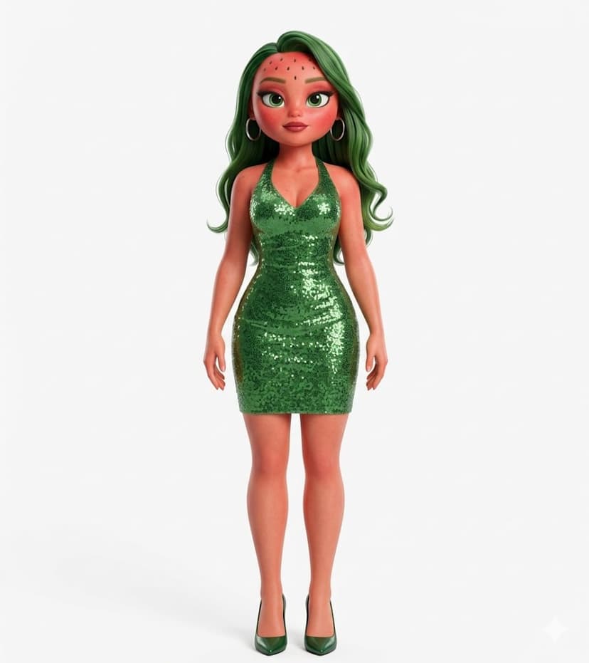 Watermelina - Watermelon character in green sequin dress
