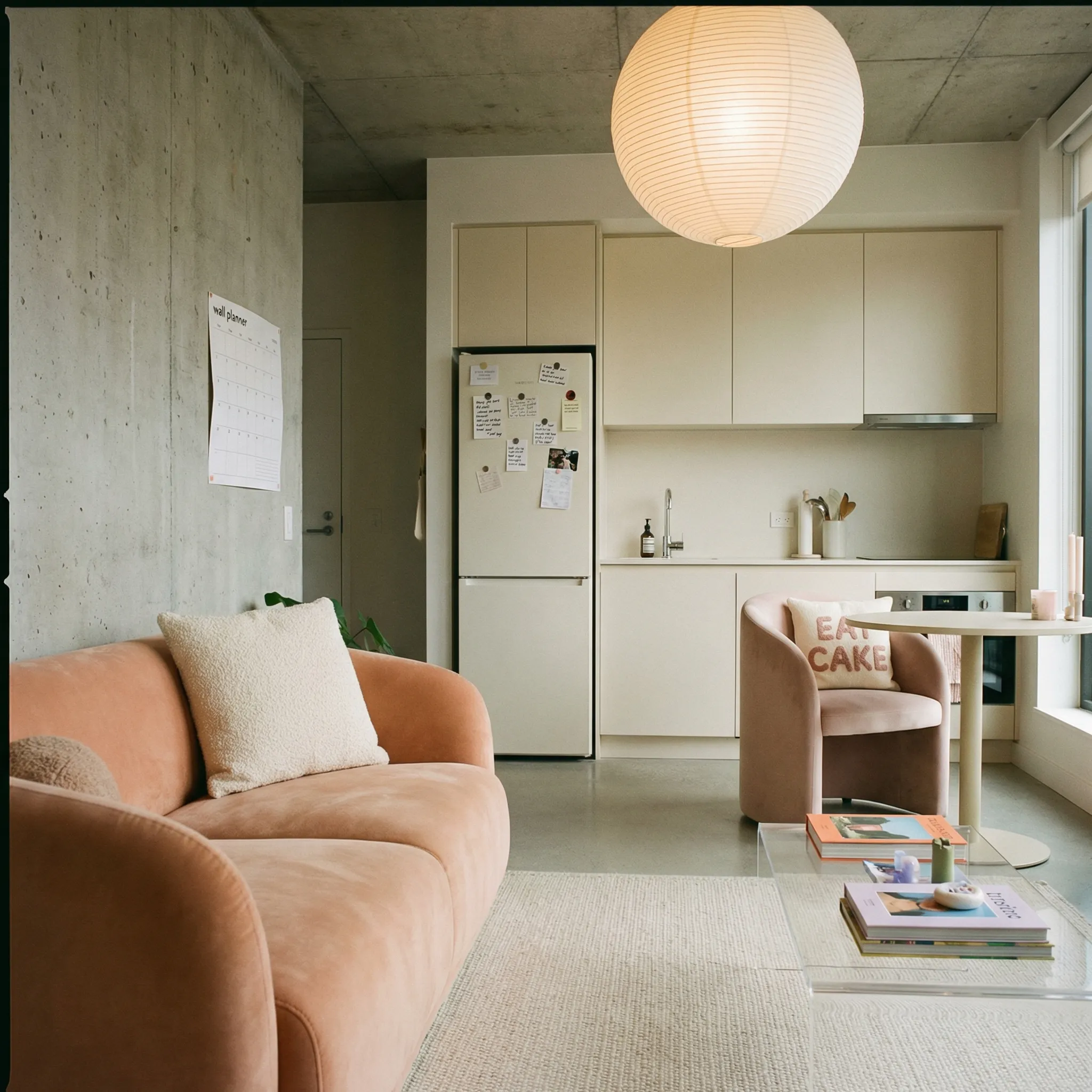 Retro apartment with peach sofa and paper globe lamp