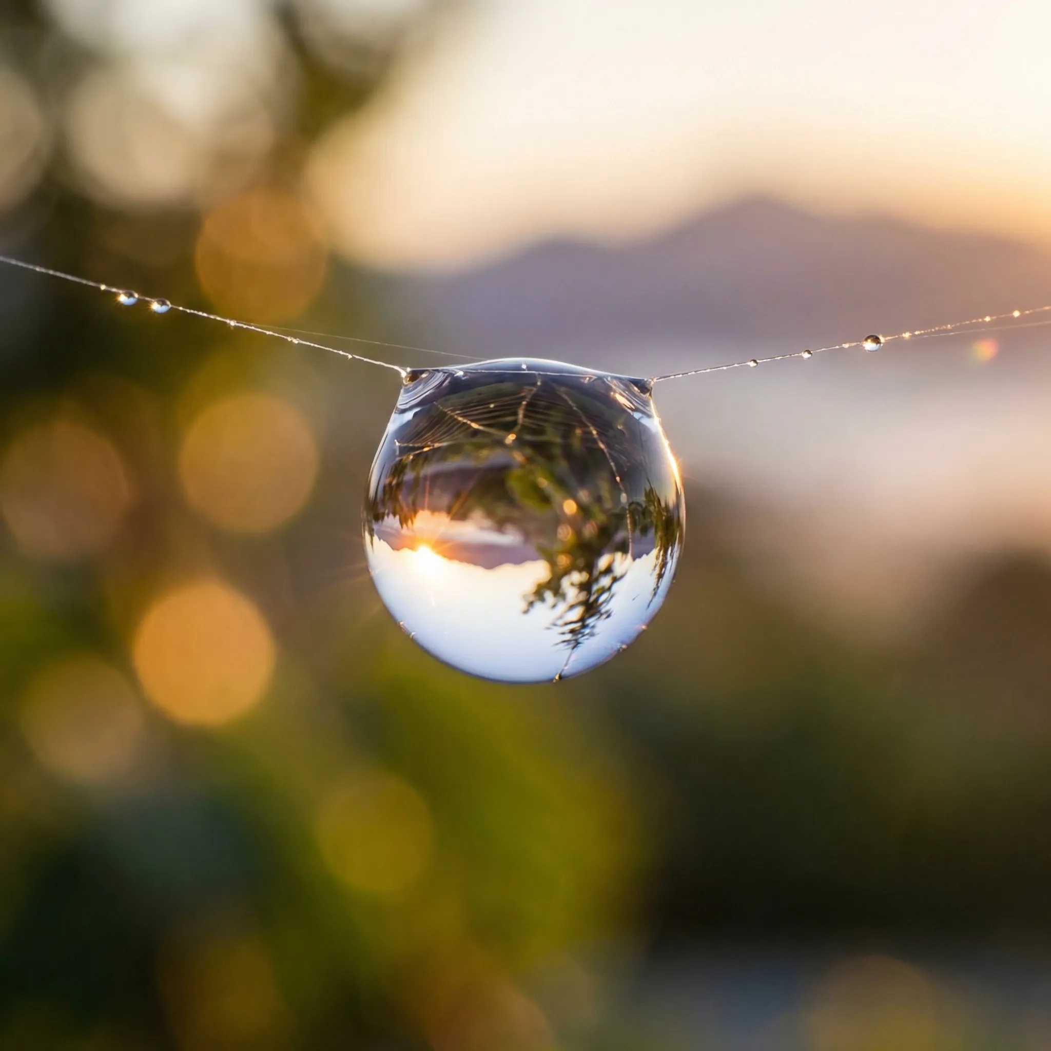 Macro dewdrop on spiderweb refracting mountain sunrise