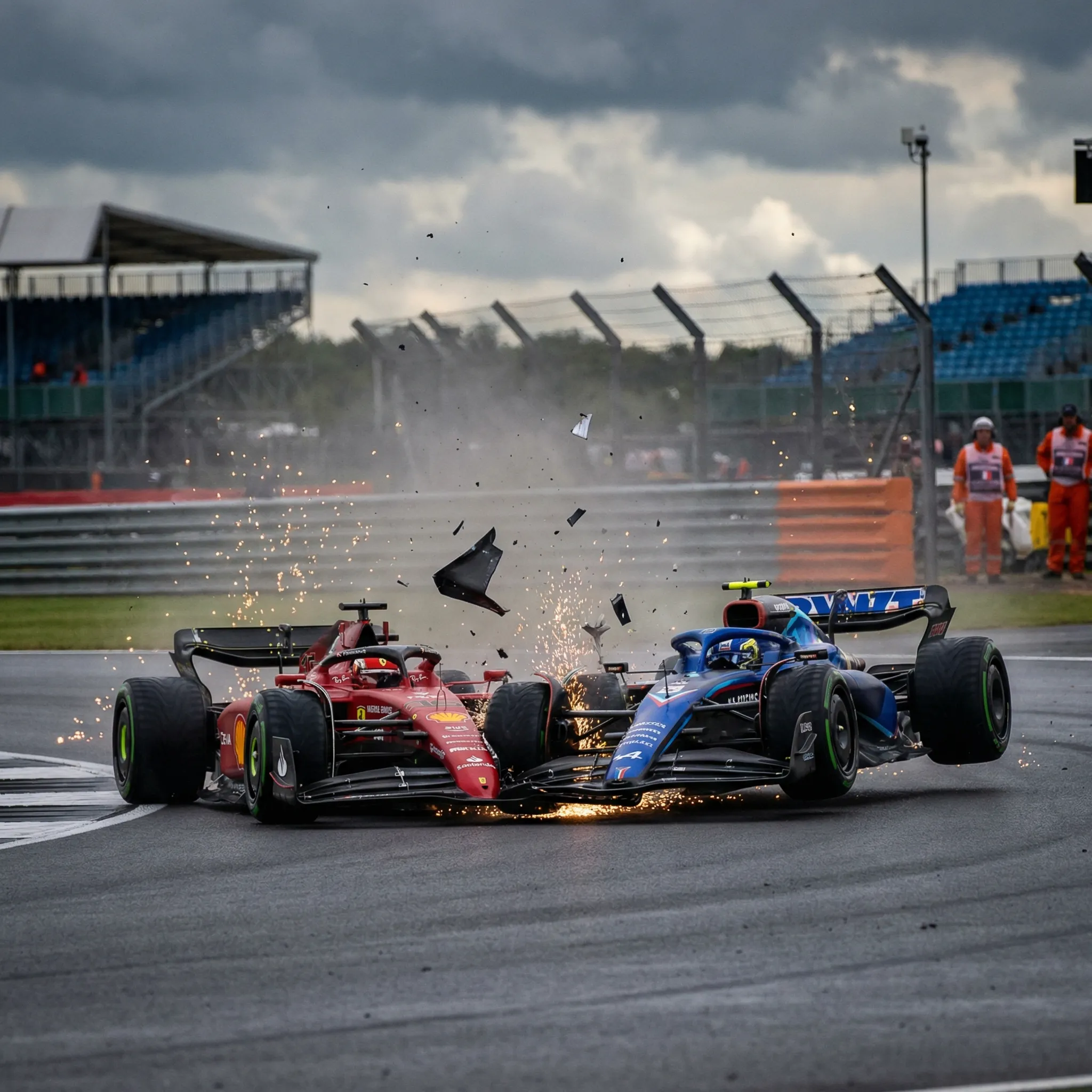 Two Formula 1 cars colliding with debris and sparks