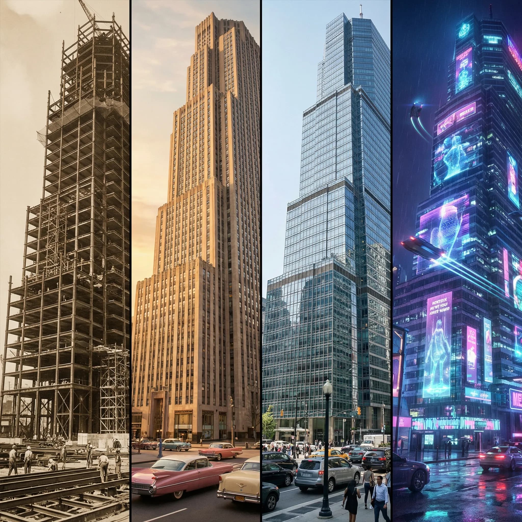 Skyscraper across four eras from 1920s to cyberpunk future