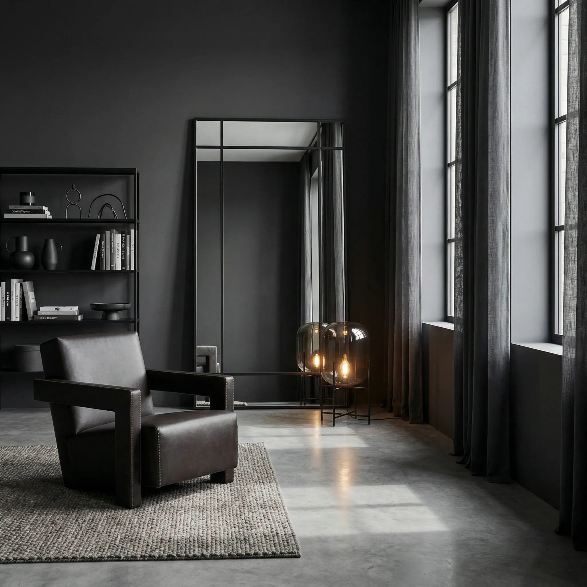 Dark industrial living room with leather chair and steel mirror
