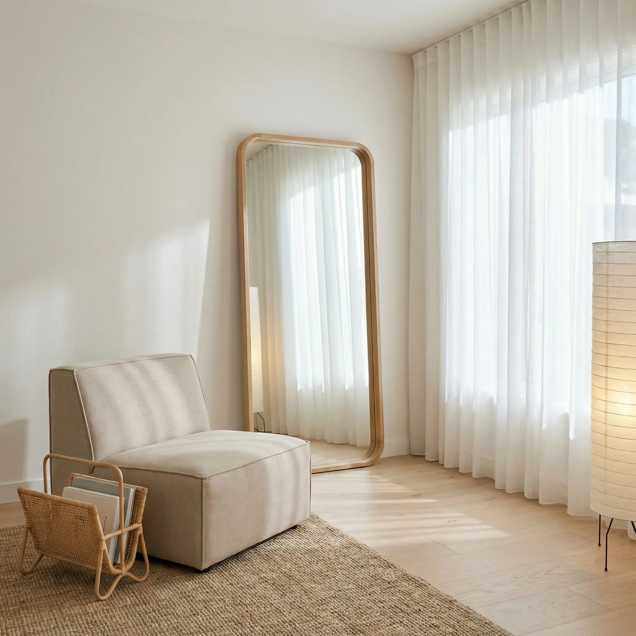 Japandi living room with oak mirror and linen chair
