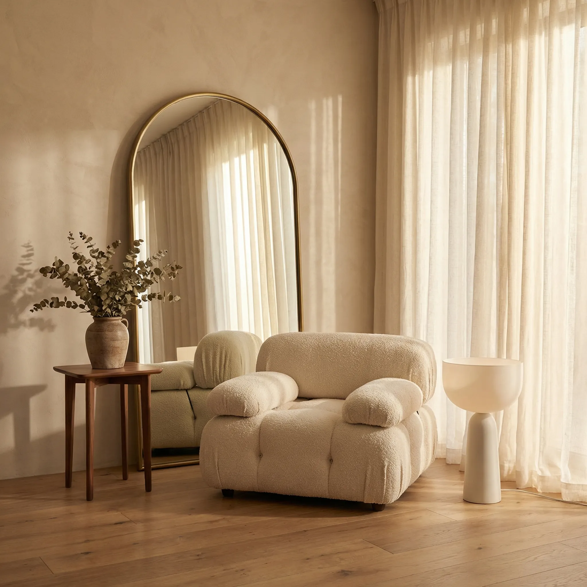 Warm beige living room with boucle chair and brass mirror