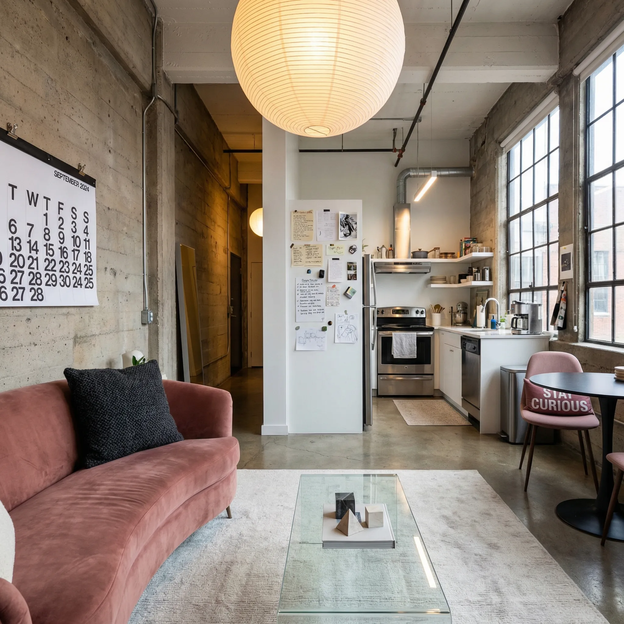 Industrial loft with burgundy velvet sofa and grid windows