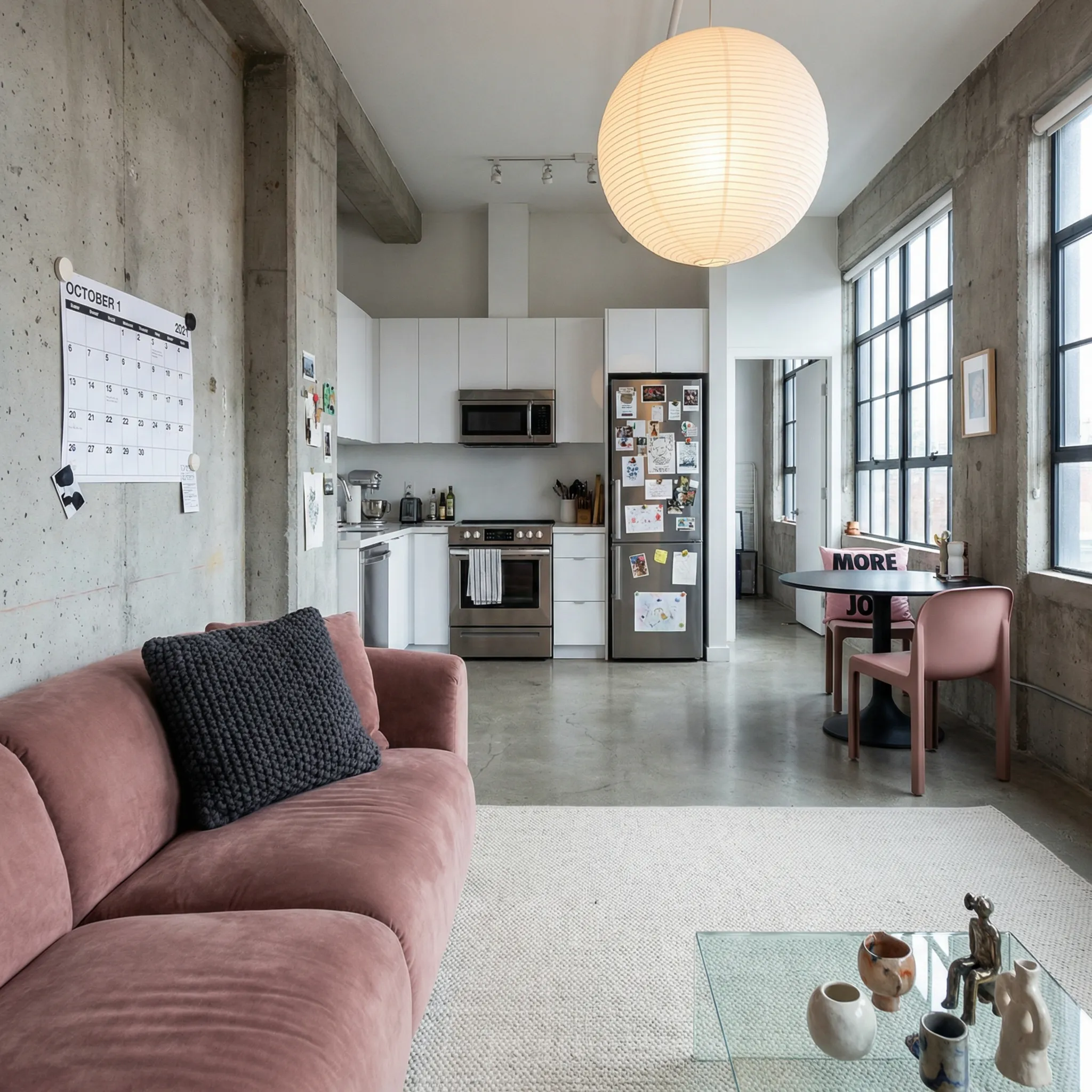 Industrial loft with dusty rose couch and paper lantern