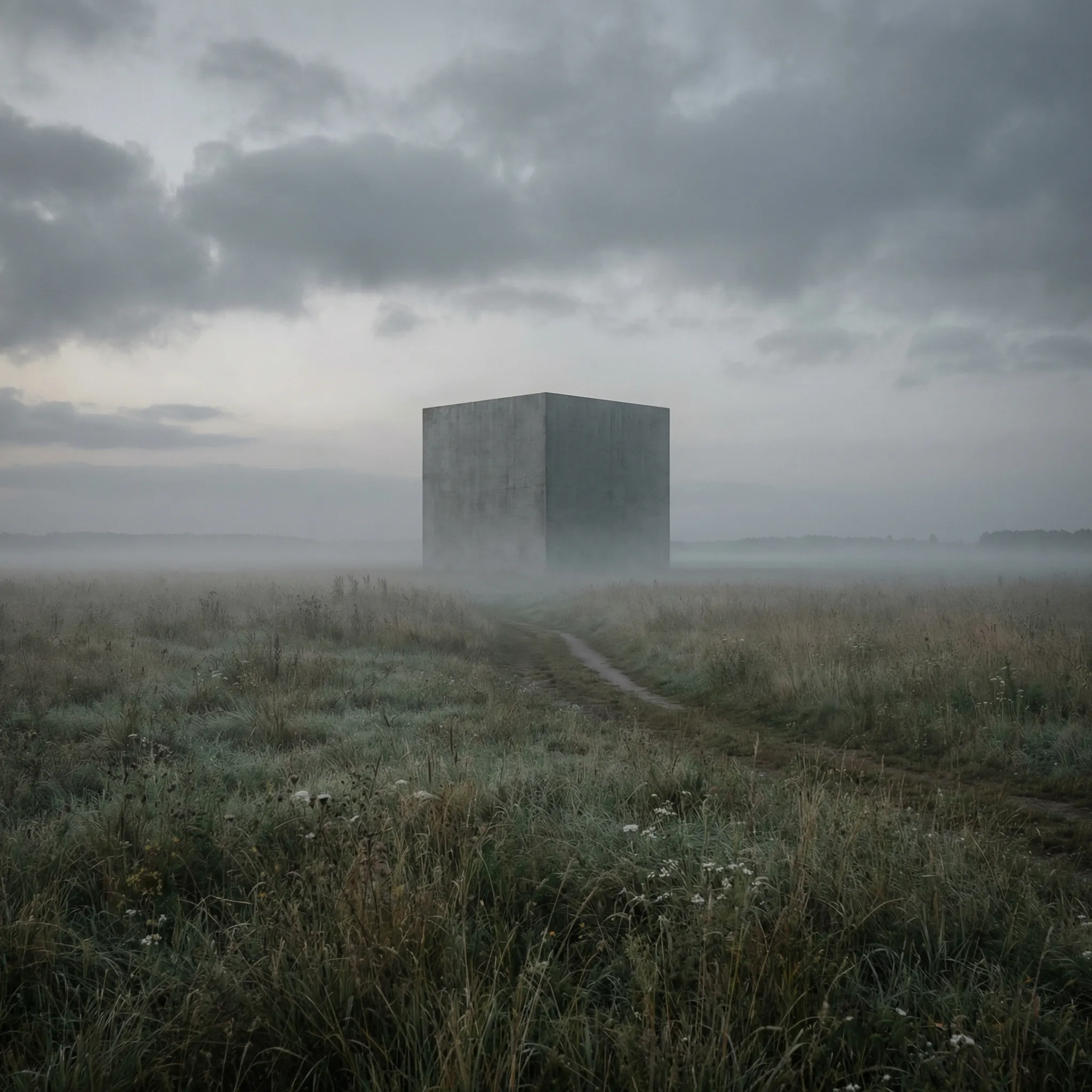 Minimalist concrete cube in misty dawn meadow