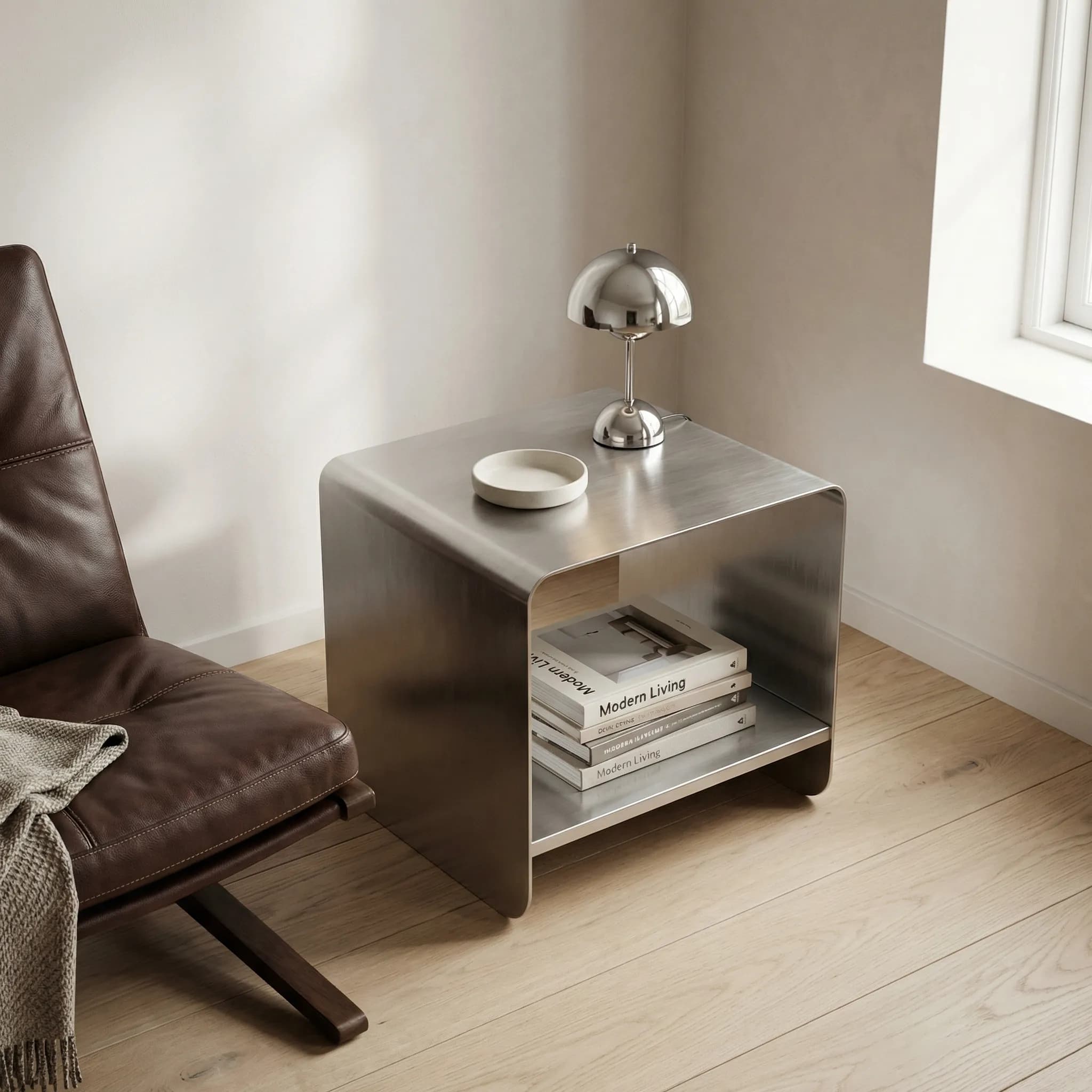 Brushed steel side table with chrome lamp on oak floor