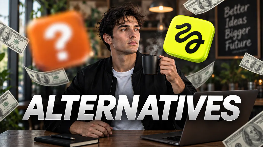 Creator with a coffee and a laptop weighing Higgsfield alternatives, with floating dollar bills and the word Alternatives