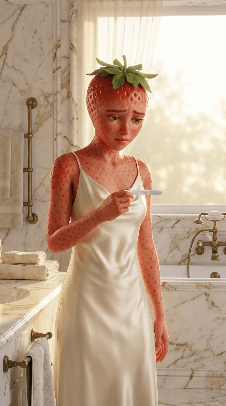 AI-generated strawberry woman in cream dress holding pregnancy test with tears, 3D animated fruit drama style