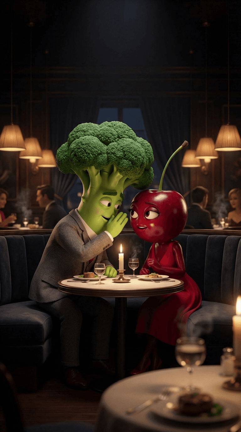 AI-generated broccoli man and cherry woman whispering in dark restaurant booth, 3D animated fruit drama style