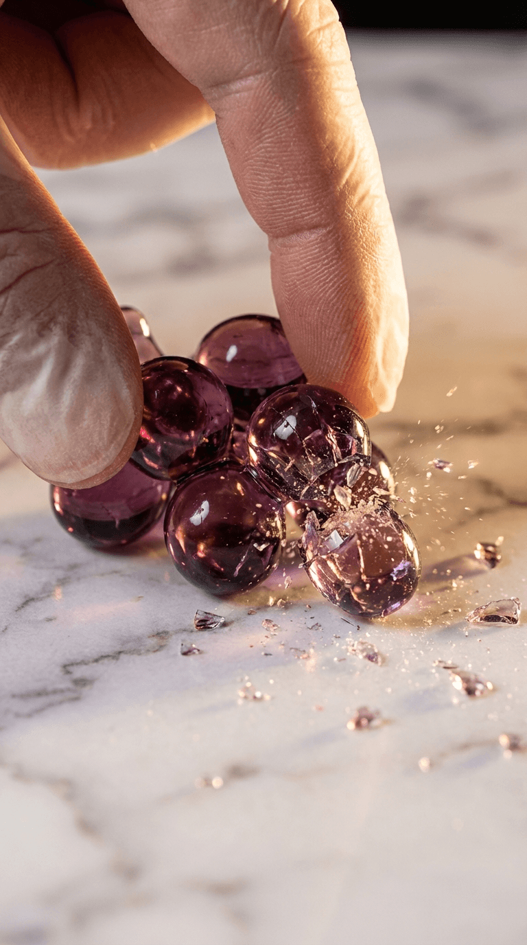 AI-generated transparent purple glass grapes being crushed between fingers with sparkling fragments