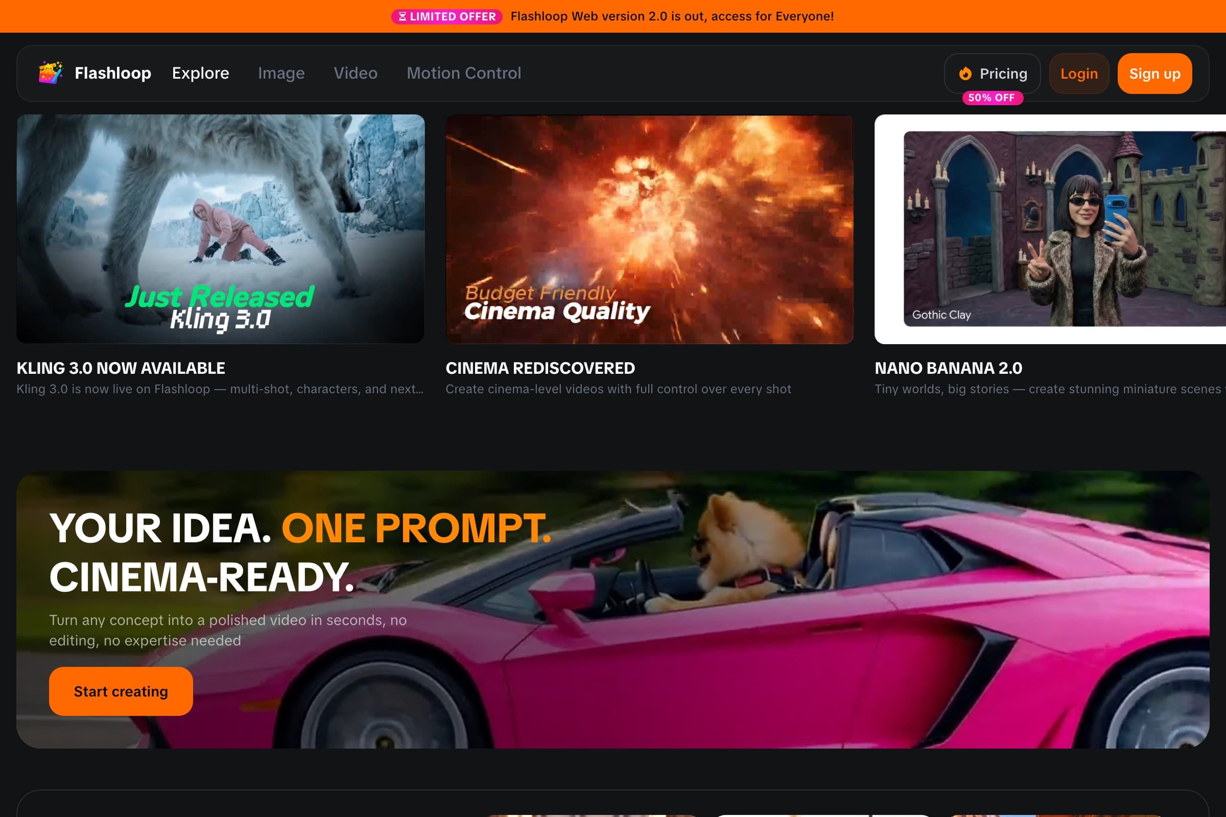 Flashloop homepage showing AI creative platform for images and video