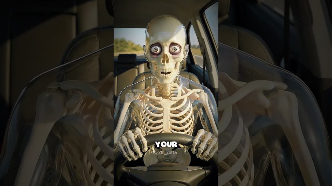 AI skeleton video thumbnail showing a skeleton character gripping a car steering wheel with a startled expression — 16.7 million views
