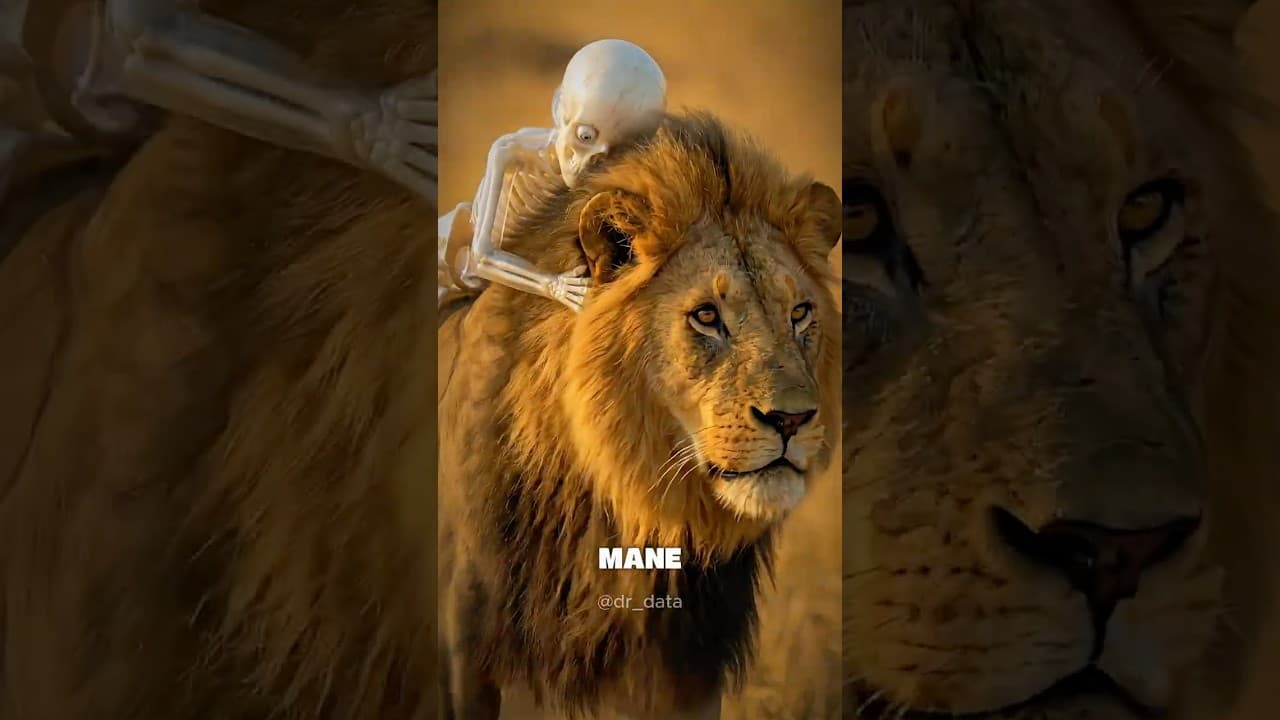 AI skeleton video thumbnail showing a skeleton character riding on the back of a male lion — 13 million views