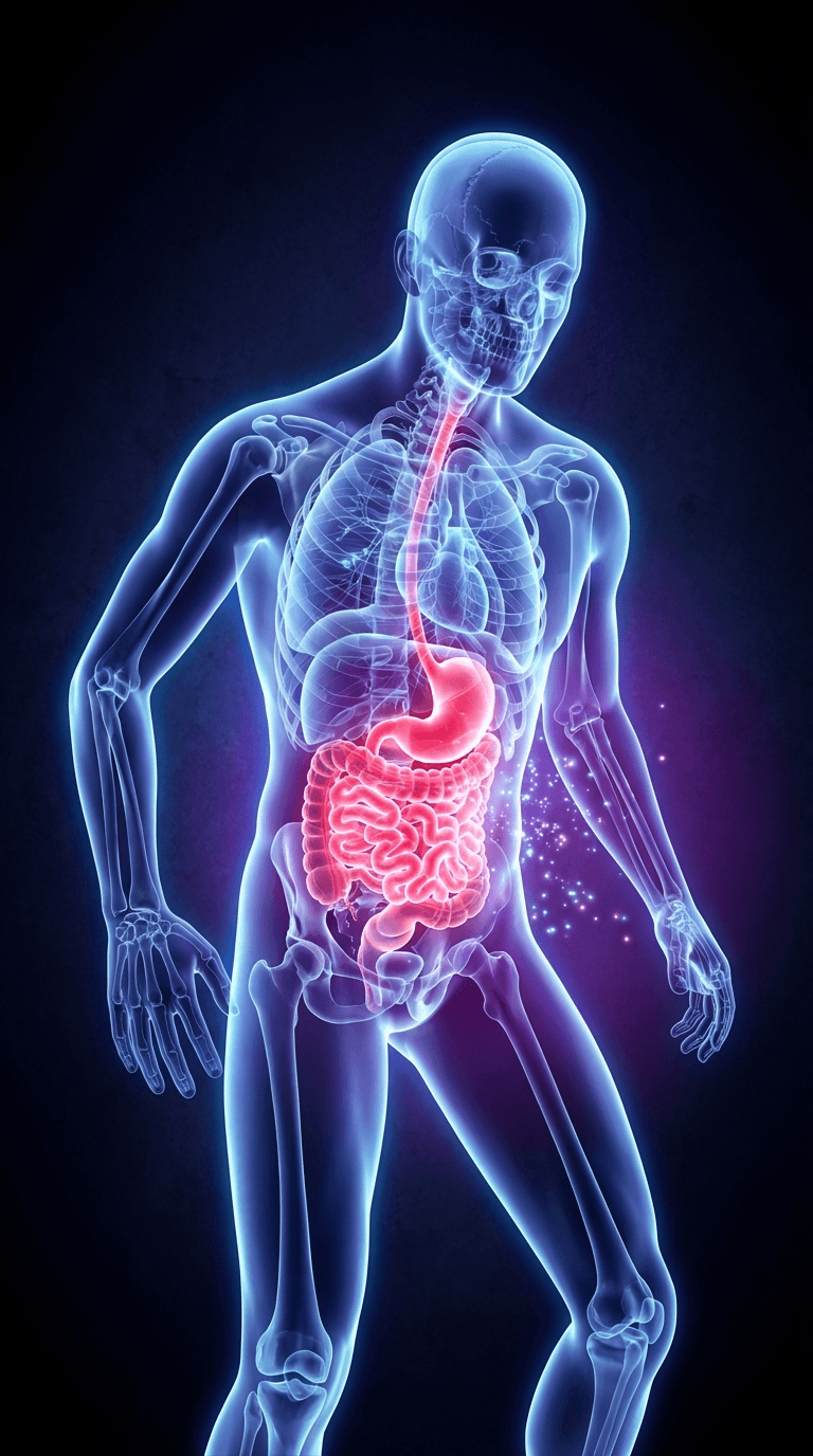 AI-generated skeleton character with glowing highlighted organs in medical visualization style