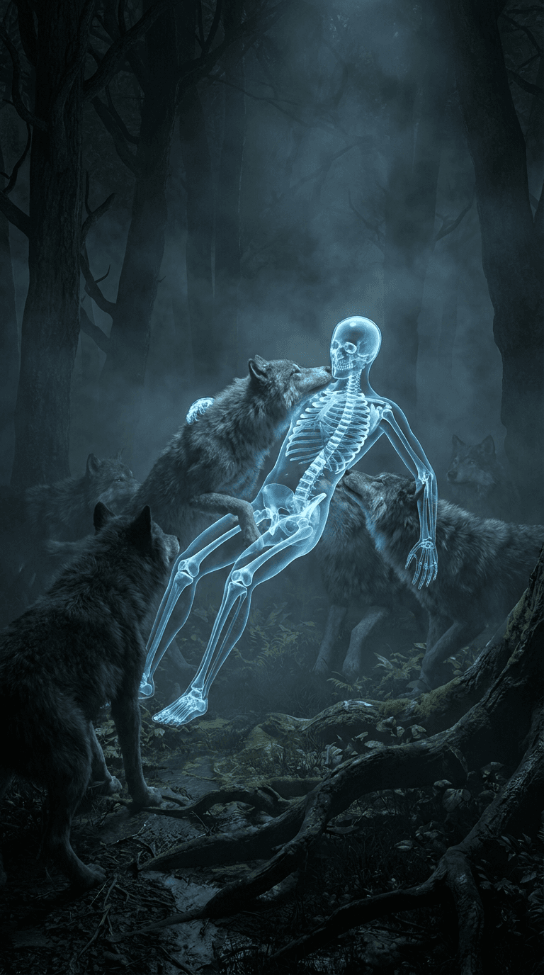 AI-generated skeleton character in a dark forest surrounded by wolves