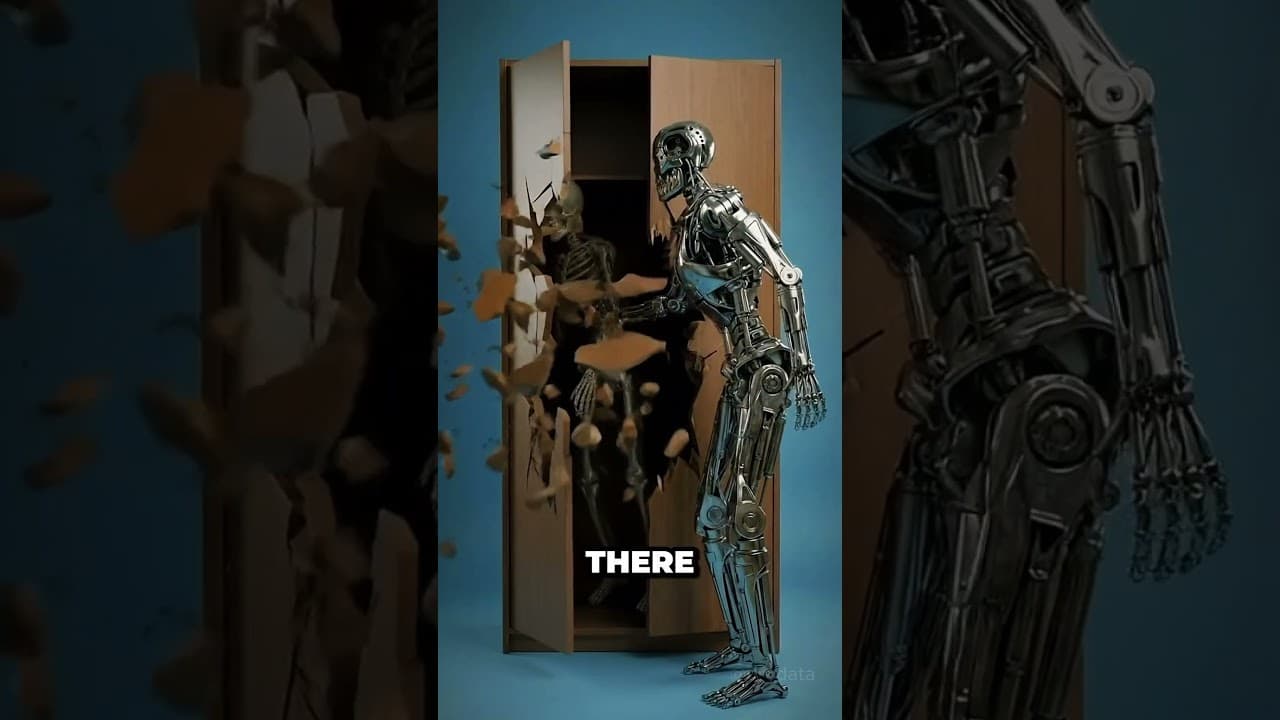 AI skeleton video thumbnail showing a Terminator robot smashing through a wardrobe with a skeleton inside — 7.6 million views