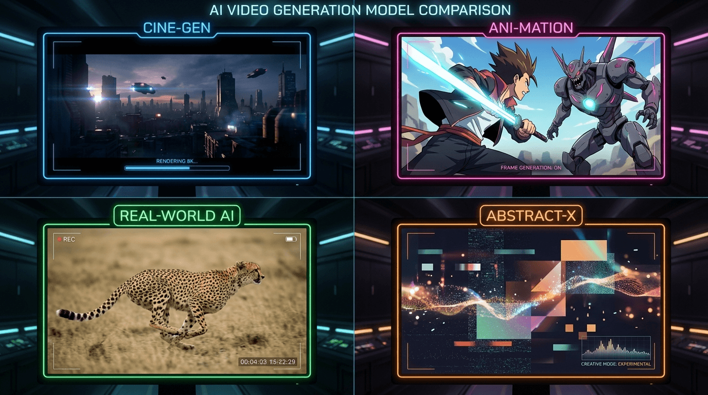 Comparison of AI video generation models showing different artistic styles including cinematic, anime, realistic, and abstract outputs