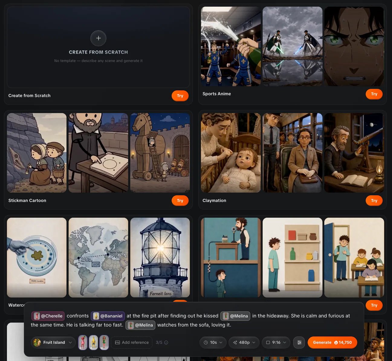 Flashloop Apps library with ready-made workflows including Sports Anime, Stickman Cartoon and Claymation