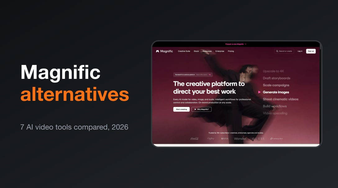 Creator at a laptop comparing Magnific (Freepik) alternatives