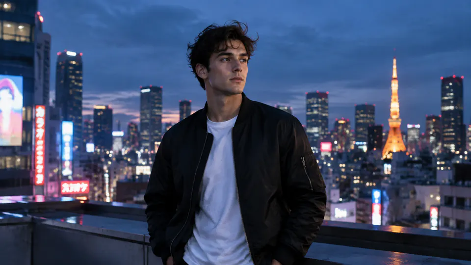 Reference image: a man in a black bomber jacket on a Tokyo rooftop at night, with Tokyo Tower and neon signs behind him
