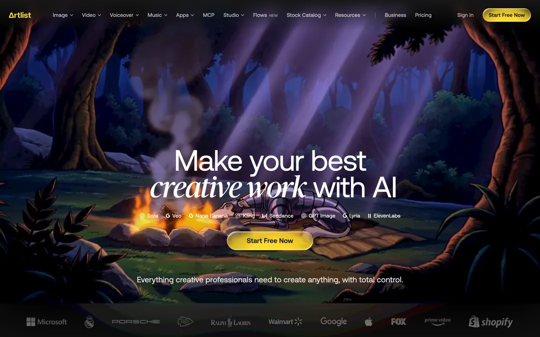Artlist homepage with the headline Make your best creative work with AI