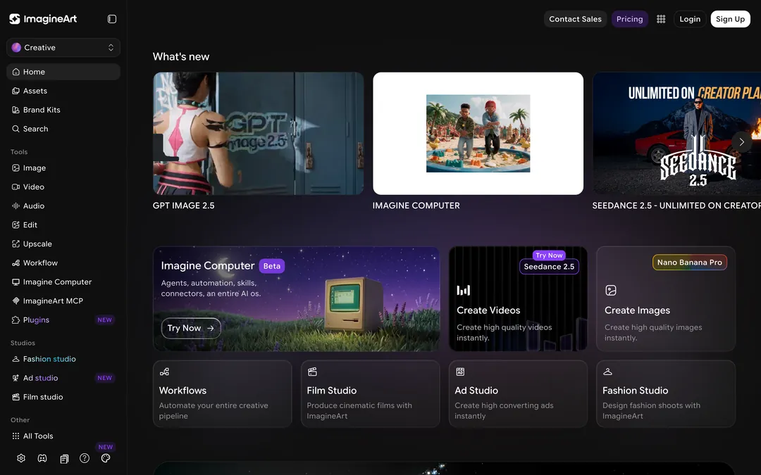 ImagineArt homepage with What's new cards for GPT Image 2.5, Imagine Computer and Seedance 2.5