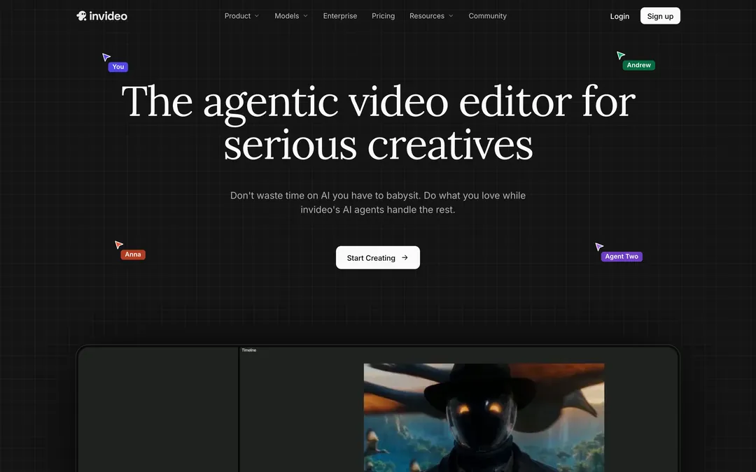 invideo homepage with the headline The agentic video editor for serious creatives