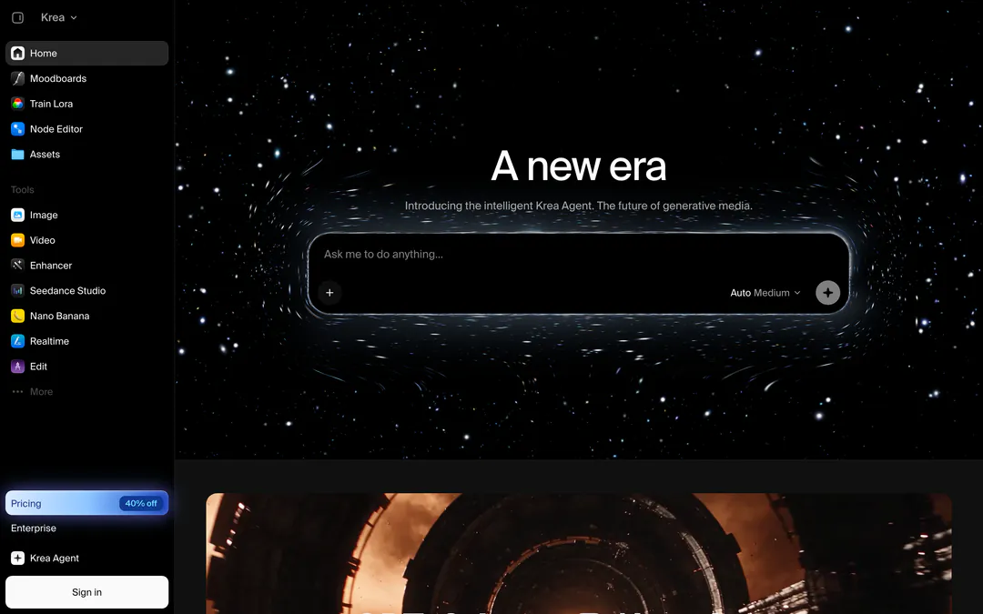 Krea homepage with the Krea Agent prompt box and a sidebar of image and video tools