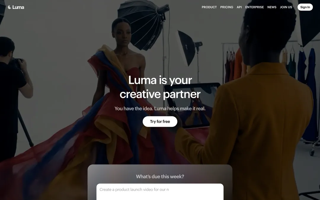 Luma homepage with the headline Luma is your creative partner