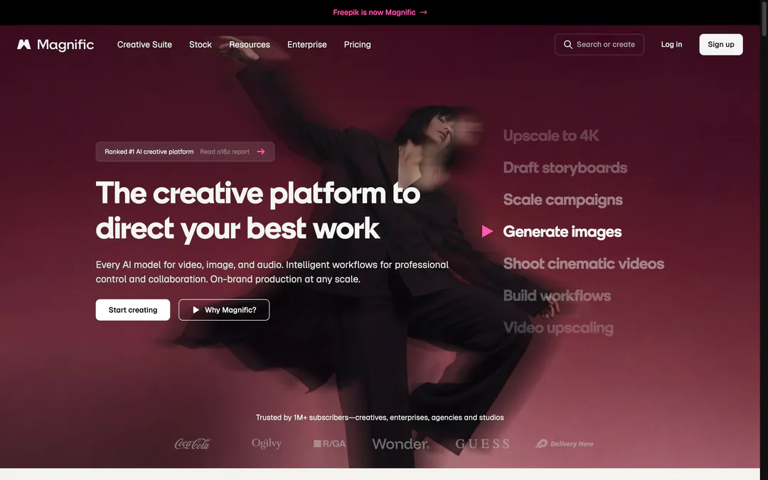 Magnific homepage with the headline The creative platform to direct your best work