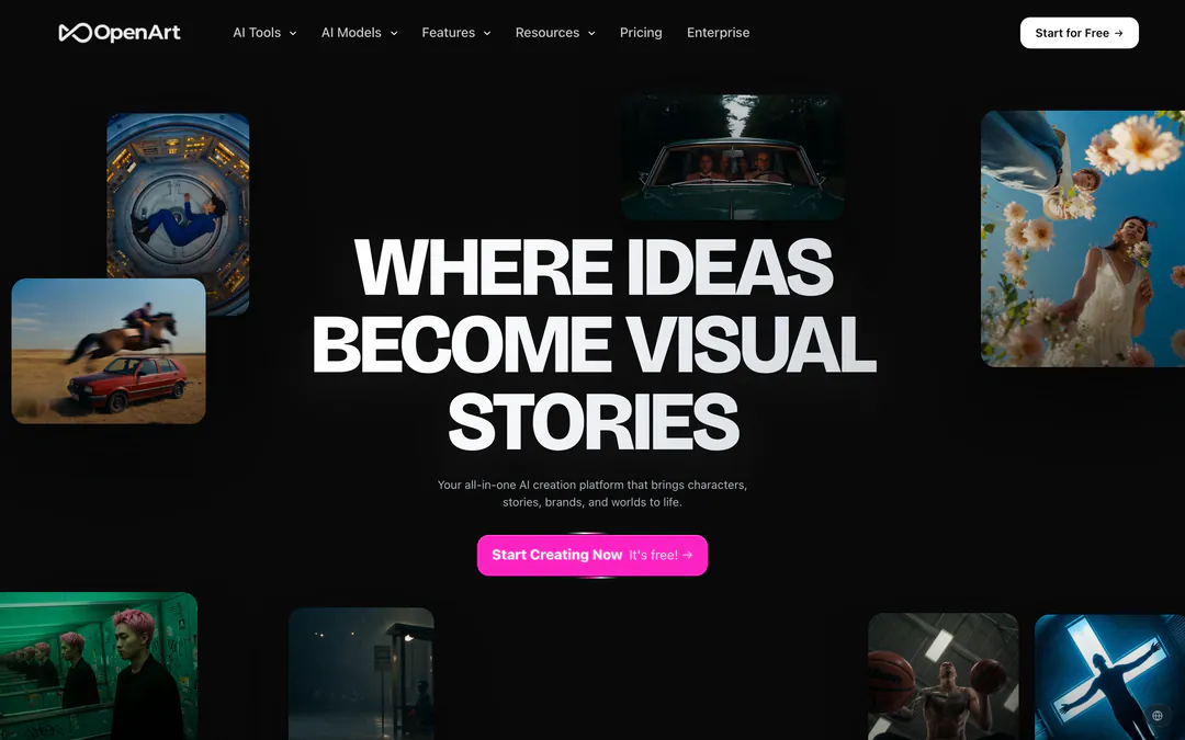 OpenArt homepage with the headline Where ideas become visual stories