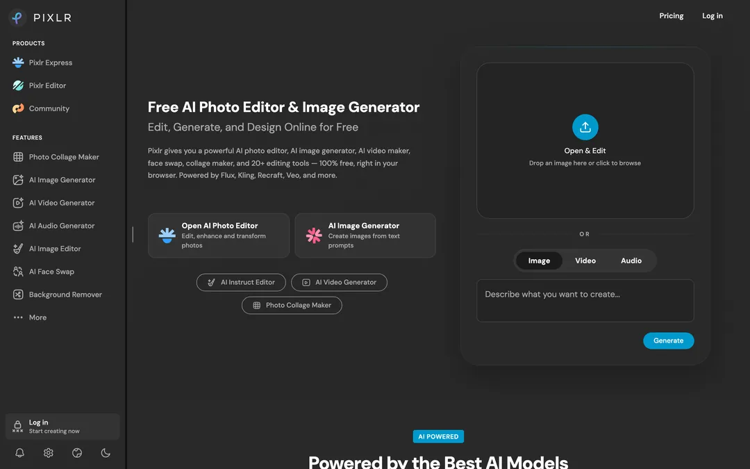 Pixlr homepage with the headline Free AI Photo Editor & Image Generator