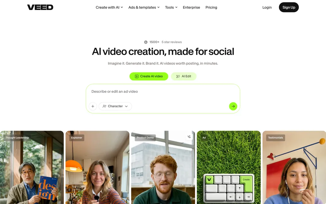 VEED homepage with the headline AI video creation, made for social