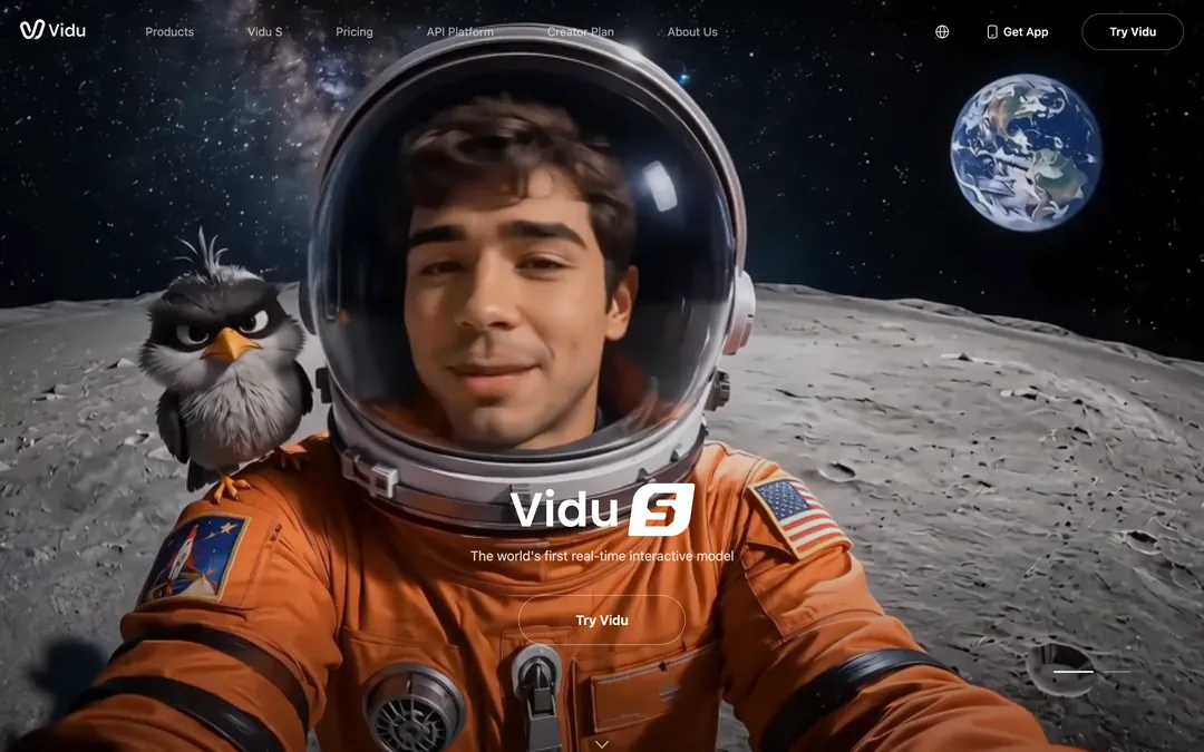 Vidu homepage with the headline Vidu S, The world's first real-time interactive model