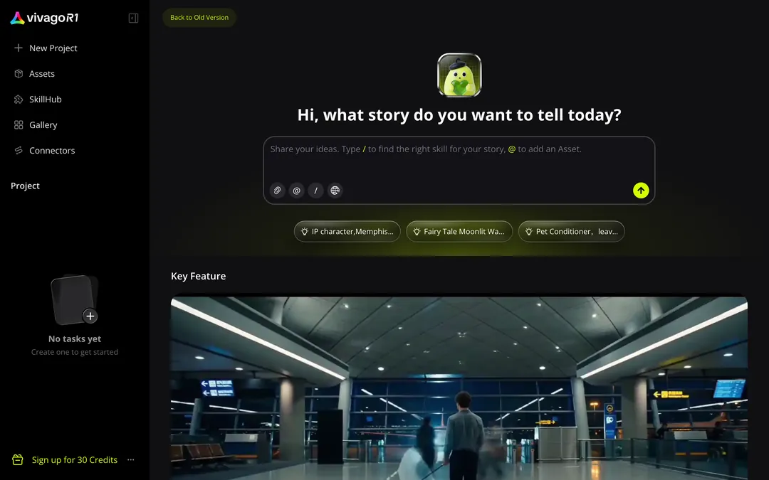 vivago.ai homepage with the headline Hi, what story do you want to tell today?