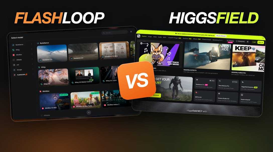 Flashloop model picker next to the Higgsfield homepage