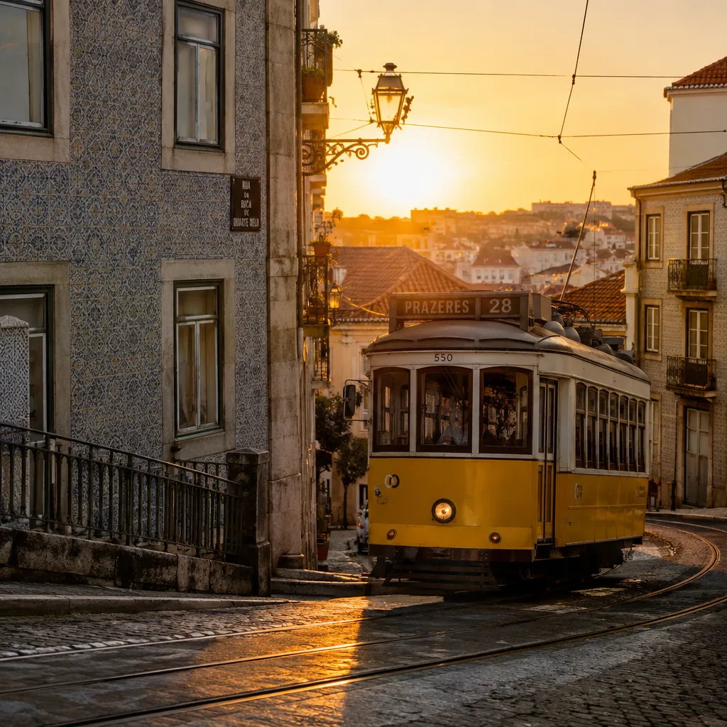 GPT Image 2.5 Flare sample, golden-hour Lisbon street with a yellow tram, photorealistic